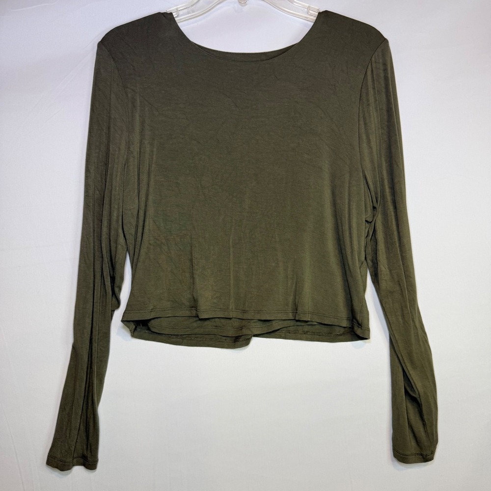Bar III Womens XL Olive Green Long Sleeve Scoop Neck Crop Top Jersey Knit